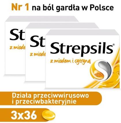 Zestaw Strepsils pastylki z naturalnym miodem i cytryną 3 x 36 szt