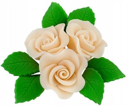 Kwiaty na tort 3 Średnie Róże + listki Ecru