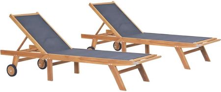 vidaXL Składane leżaki z kółkami, 2 szt., drewno tekowe i textilene