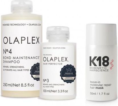 Totalna Odbudowa Olaplex no. 3, no. 4 + K18 - zestaw do włosów suchych i zniszczonych