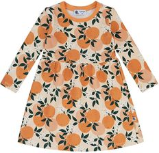 Sukienka bawełniana z długim rękawem, kremowa w pomarańcze - Sukienki dziecięce
