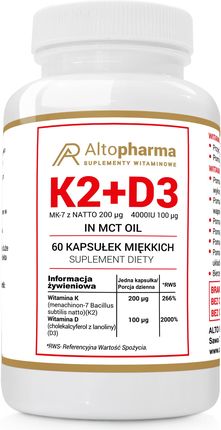 Alto Pharma Witamina K2+D3 K2 Mk7 Z Natto D3 4000Iu 60 Kaps Miękkich