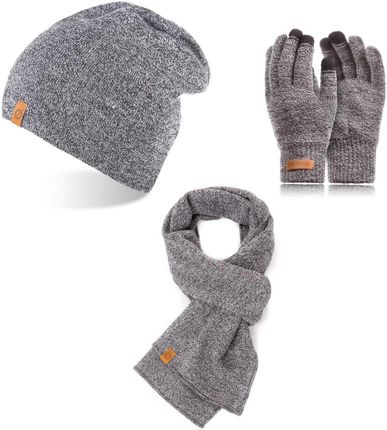 Szary komplet męski na zimę 3w1 czapka szalik rękawiczki