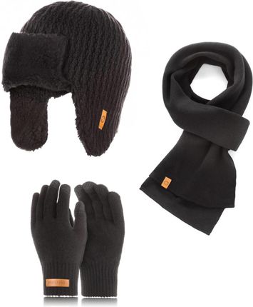 Czarna czapka uszatka modny szalik męski rękawiczki zestaw