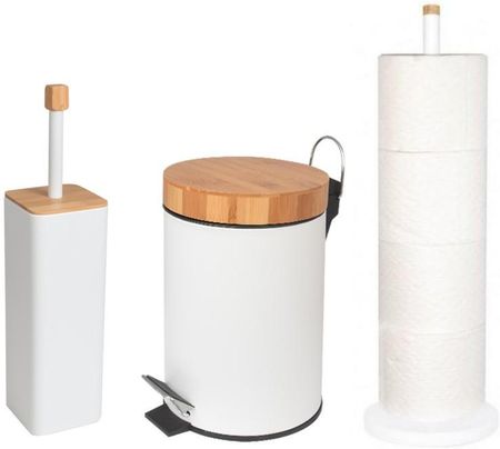 Zestaw łazienkowy 3-elementowy - kosz na śmieci, szczotka WC i stojak na papier - biały bambus - Yoka