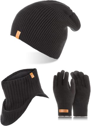 Czarny komplet męski zimowy czapka komin rękawiczki