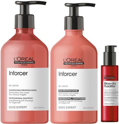 L'Oreal Inforcer Zestaw do włosów łamliwych: szampon 500ml + odżywka 500ml + termoochronny krem do stylizacji i suszenia włosów 150ml