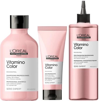 L'Oreal Vitamino Color Zestaw do włosów farbowanych: szampon 300ml + odżywka 200ml + płyn zamykający łuski włosa i przedłużający kolor włosów