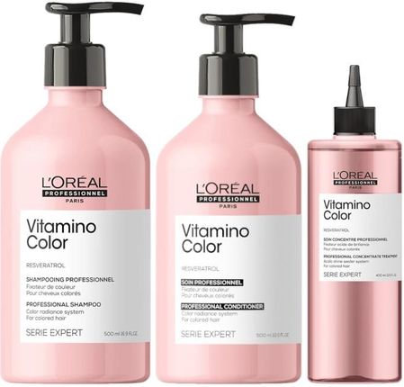 L'Oreal Vitamino Color Zestaw do włosów farbowanych: szampon 500ml + odżywka 500ml + płyn zamykający łuski włosa i przedłużający kolor włosów