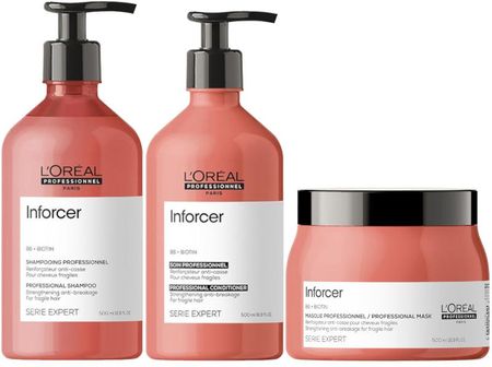 L'Oreal Inforcer Zestaw do włosów łamliwych: szampon 500ml + odżywka 500ml + maska 500ml