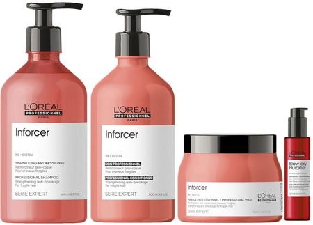 L'Oreal Inforcer Zestaw do włosów łamliwych: szampon 500ml + odżywka 500ml + maska 500ml + termoochronny krem do stylizacji i suszenia włosów 150ml