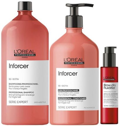 L'Oreal Inforcer Zestaw do włosów łamliwych: szampon 1500ml + odżywka 750ml + termoochronny krem do stylizacji i suszenia włosów 150ml