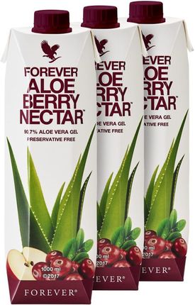 Trójpak Forever Aloe Berry Nectar™. Trójpak (3 x 1 litr) nektaru z miąższem z liści aloesu o smaku jabłkowo-żurawinowym wzbogacony witaminą C (7343)