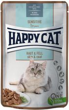 Happycat Sensitive Meat In Sauce Skin&Coat Mokra Karma Dla Kotów Dorosłych Zdrowej Skóry I Sierści Kurczak Łosoś 85G Sasze