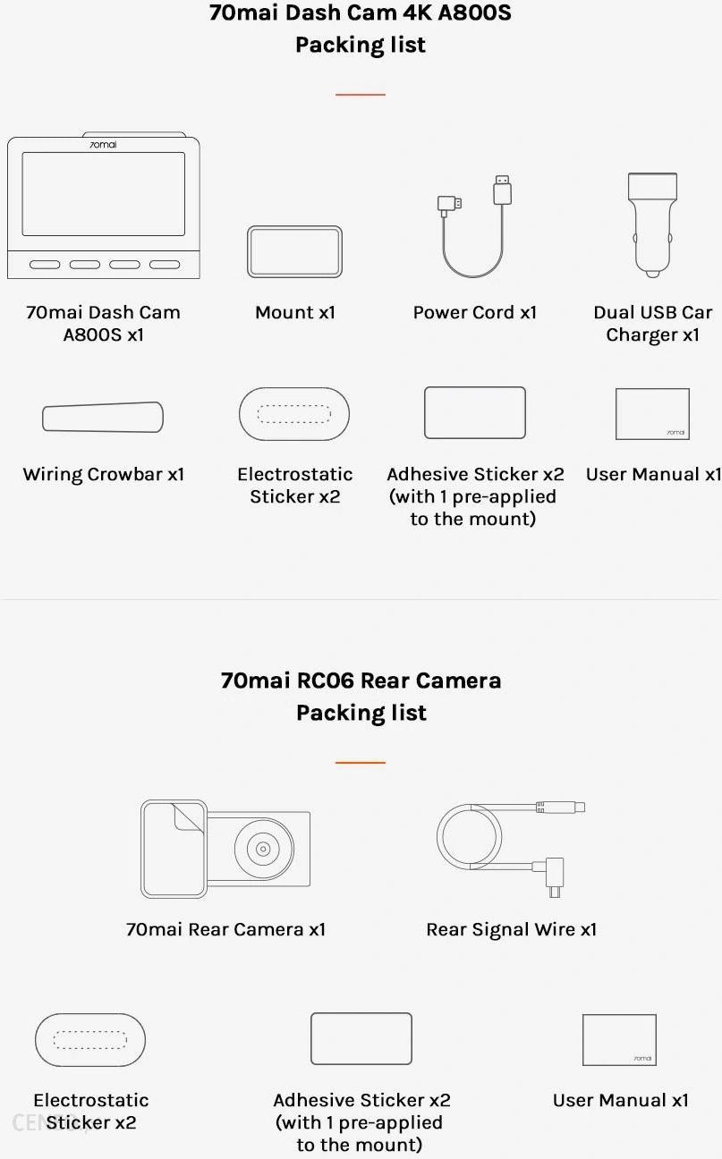 70Mai Wideorejestrator A800S Dash Cam 4K Gps + kamera wsteczna Rc06