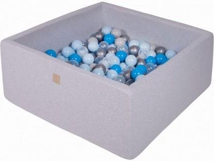 MeowBaby basen kwadratowy jasnoszary 110x110x40 + 400 piłek (niebieskie transparent baby blue srebrne)