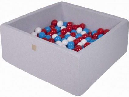 MeowBaby basen kwadratowy jasnoszary 110x110x40 + 400 piłek (czerwone białe niebieskie)