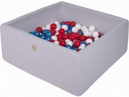 MeowBaby basen kwadratowy jasnoszary 110x110x40 + 400 piłek (niebieska perła białe czerwone)