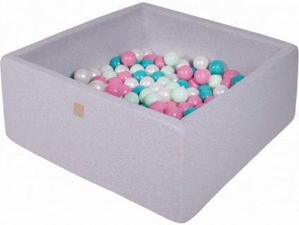 MeowBaby basen kwadratowy jasnoszary 110x110x40 + 400 piłek (biała perła turkus miętowe jasny róż)