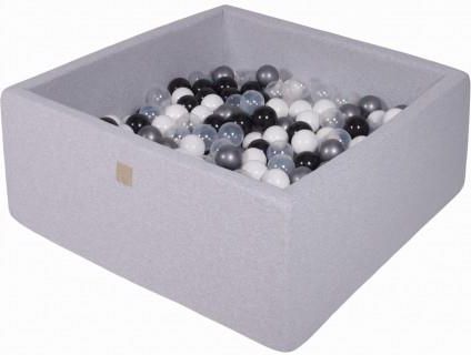 MeowBaby basen kwadratowy jasnoszary 110x110x40 + 400 piłek (białe czarne transparent srebrne)