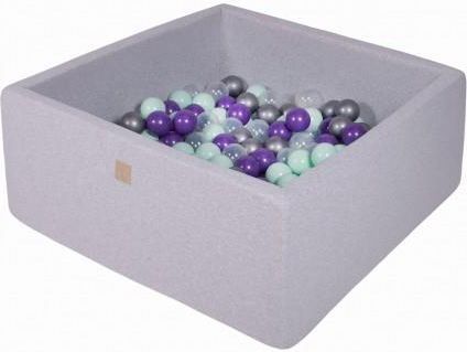 MeowBaby basen kwadratowy jasnoszary 110x110x40 + 400 piłek (miętowe transparent srebrny fiolet)