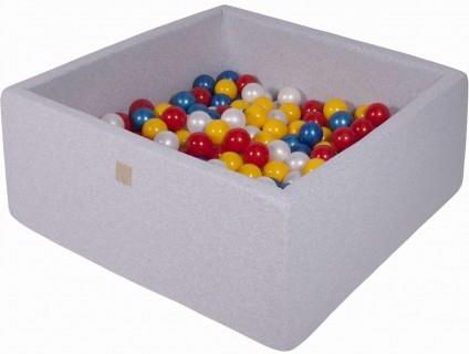 MeowBaby basen kwadratowy jasnoszary 110x110x40 + 400 piłek (czerwone żółte biała perła niebieska perła)
