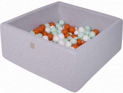 MeowBaby basen kwadratowy jasnoszary 110x110x40 + 400 piłek (pomarańczowy biały miętowe)