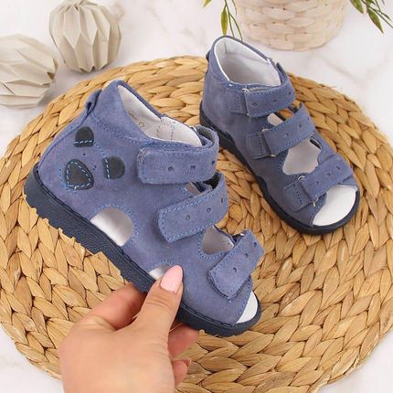 Kornecki Sandały Skórzane Chłopięce Ortopedyczne Niebieskie