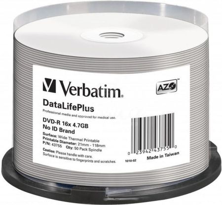 Verbatim DVD-R 4,7GB 16X WIDE THERMAL PRINT NO ID CAKE*50 RIMAGE EVEREST 43755