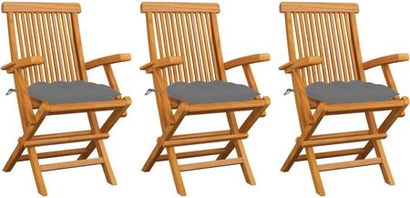 Krzesła Ogrodowe Szare Poduszki 3Szt. Lite Drewno Tekowe