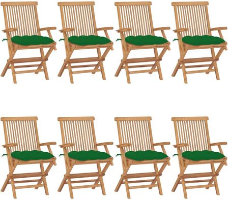 Krzesła Ogrodowe Z Zielonymi Poduszkami 8Szt. Drewno Tekowe