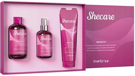 Inebrya Shecare Repair rozświetlający zestaw naprawczy: szampon + maska + spray 300ml + 250ml + 200ml