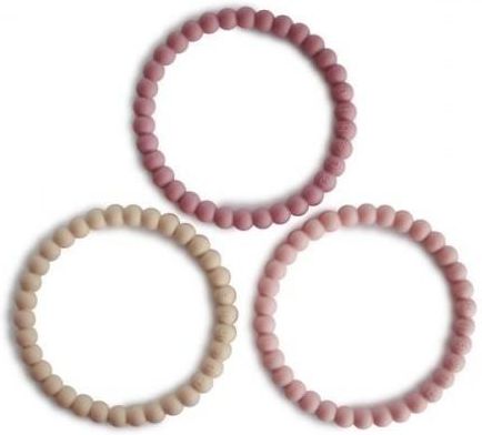 Mushie 3 Gryzaki Silikonowe Bransoletki Pearl Linen Peony Pale Pink