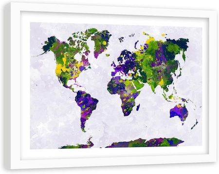 Feeby Obraz W Ramie Białej Malowana Mapa Świata 60X40Cm