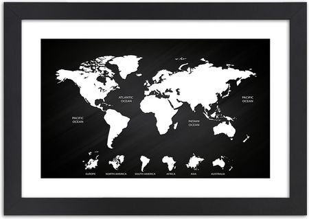 Feeby Obraz W Ramie Czarnej Mapa Świata I Kontynenty 90X60Cm