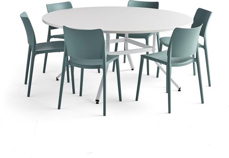 Zestaw mebli VARIOUS + RIO, 1 stół i 6 turkusowych krzeseł