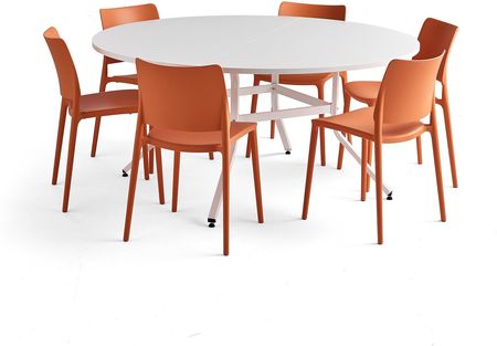 Zestaw mebli VARIOUS + RIO, 1 stół i 6 pomarańczowych krzeseł