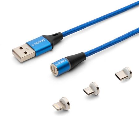 Savio Kabel magnetyczny USB - USB Typ C Micro i Lightning Niebieski 2m (CL-157)