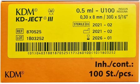 Kdm Strzykawki Insulinowe 0,5 Ml U-100 G30X8Mm 100Szt - zdjęcie 3