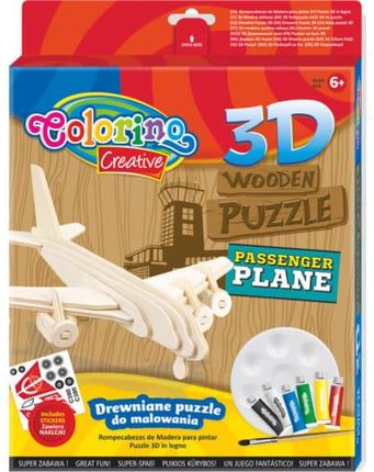Patio Colorino Zestaw Drewniane Puzzle 3D + 8 Flamastrów Mazaków Klej Naklejki Samolot Colorino (36889PTR)
