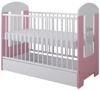 Pinewood Łóżeczko niemowlęce z szufladą PRINCESS 120x60cm kolor biało różowy