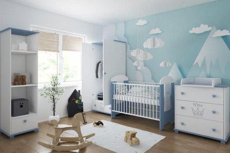 Pinewood Prince zestaw mebli niemowlęcych 5el łóżeczko niemowlęce 120x60cm przewijak szafa regał komoda kolor biało-niebieski