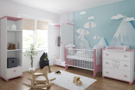 Pinewood Princess zestaw mebli niemowlęcych 5el łóżeczko niemowlęce 120x60cm przewijak szafa regał komoda kolor biało-różowy