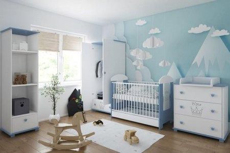 Pinewood Prince zestaw mebli niemowlęcych 5el łóżeczko niemowlęce z szufladą 120x60cm przewijak szafa regał komoda kolor biało-niebieski
