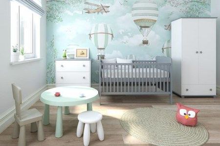 Pinewood Iza zestaw mebli niemowlęcych 4el łóżeczko - tapczanik 140x70cm przewijak szafa komoda kolor biało- szary