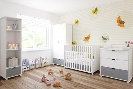 Pinewood Ptaszki zestaw mebli niemowlęcych 5el łóżeczko z szufladą 120x60cm przewijak szafa regał komoda kolor biało-szary