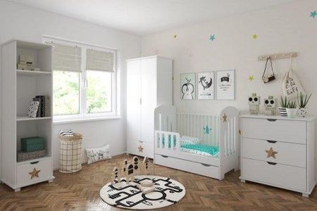 Pinewood Star zestaw mebli niemowlęcych 4el łóżeczko-tapczanik z szufladą 120x60cm szafa regał komoda kolor biały