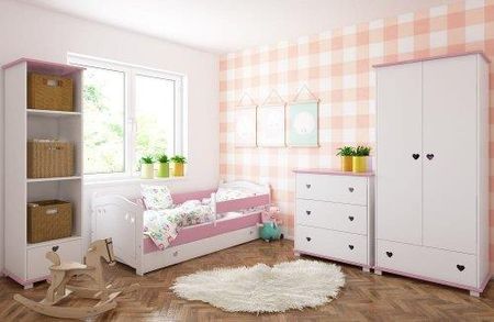 Pinewood Laura zestaw mebli 4el łóżko z szufladą i materacem 180x80cm szafa regał komoda kolor biało-różowy