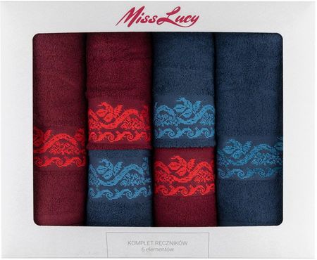 Miss Lucy Komplet Ręczników Bawełnianych Z Ozdobnym Haftem Embroidery 2X30X50Cm 2X50X90Cm 2X70X140Cm 6 Elementów Czerwień I Granat 5695