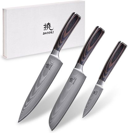 Shiori Zestaw 3 Noży Ze Stali Damsaceńskiej Chairo Shōto + Santoku + Sifu